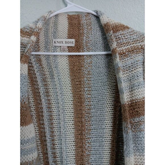 Knox Rose Long Knit Cardigan Duster Womens Large Open Front Fringe Boho Neutral - Picture 2 of 6